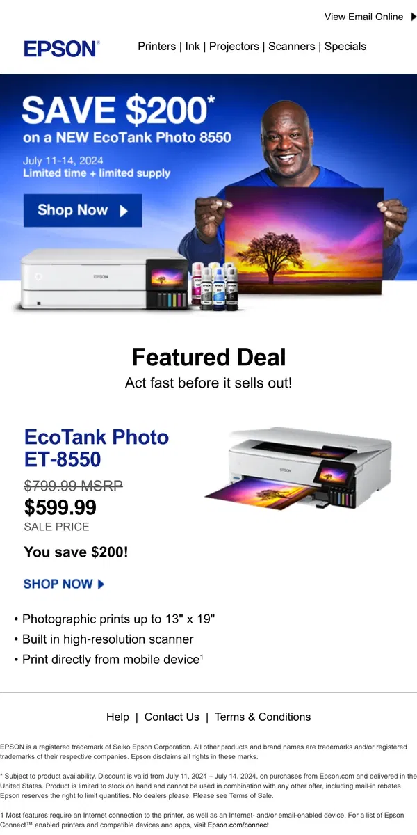 Email from Epson. Save $200 on a NEW EcoTank Photo 8550