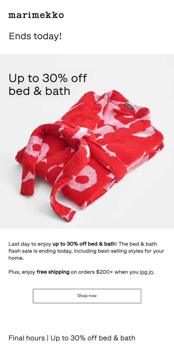 Email from Marimekko. Ends today! Up to 30% off bed & bath