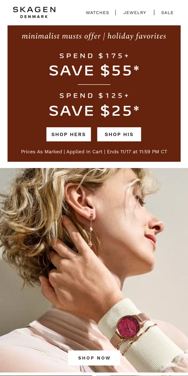 Email from Skagen. season's minimalist musts up to $55 off.