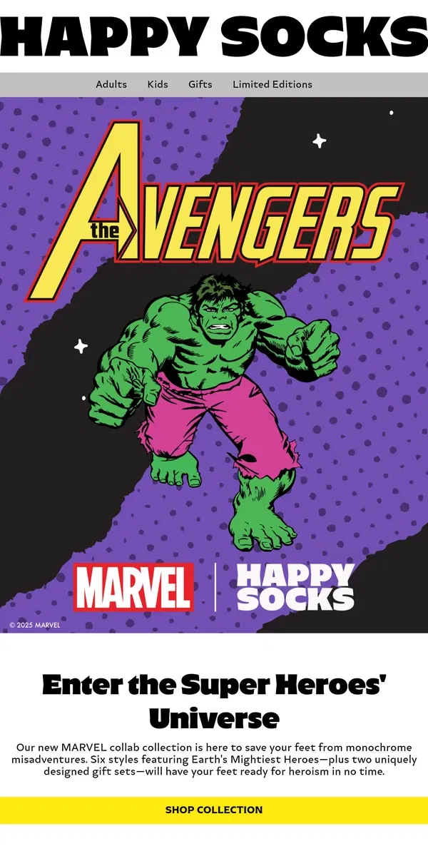 Email from Happy Socks. New MARVEL Collab Collection!