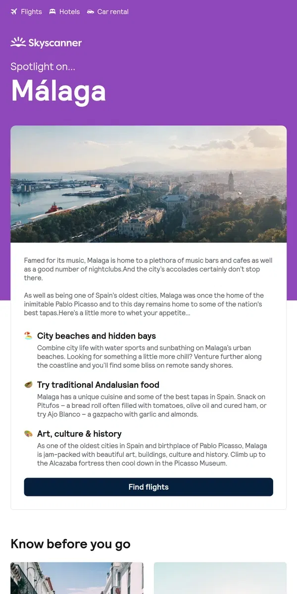 Email from Skyscanner. Spotlight on... Málaga