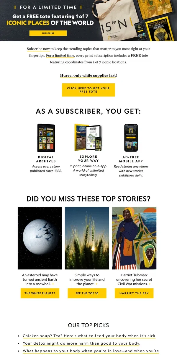 Email from National Geographic. LIMITED TIME: Get a FREE tote bag when you subscribe to Nat Geo Magazine!