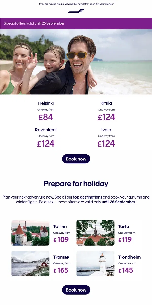 Email from Finnair. Autumn and winter flights now at special prices