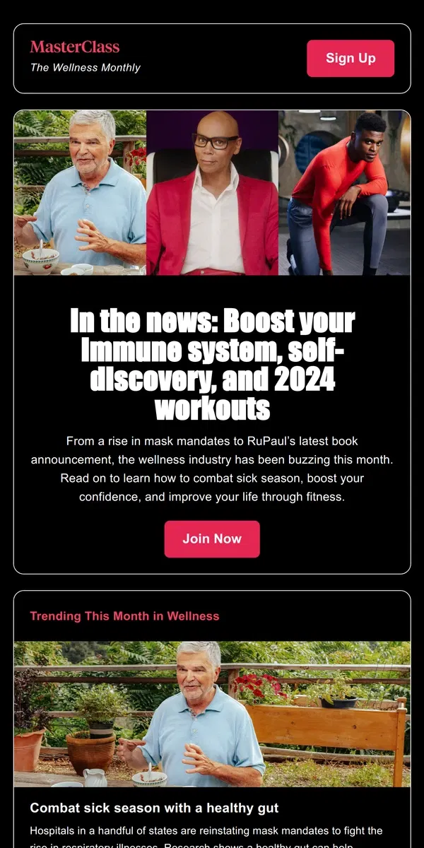 Email from Masterclass. 3 trending wellness insights