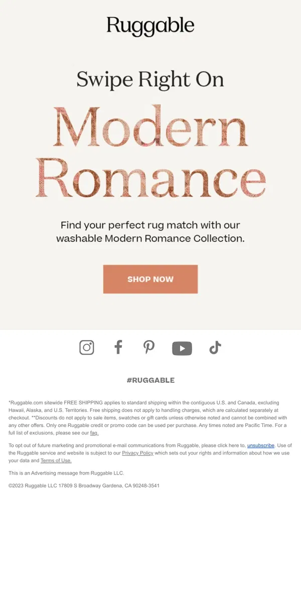 Email from Ruggable. Swoon Over Our Modern Romance Collection