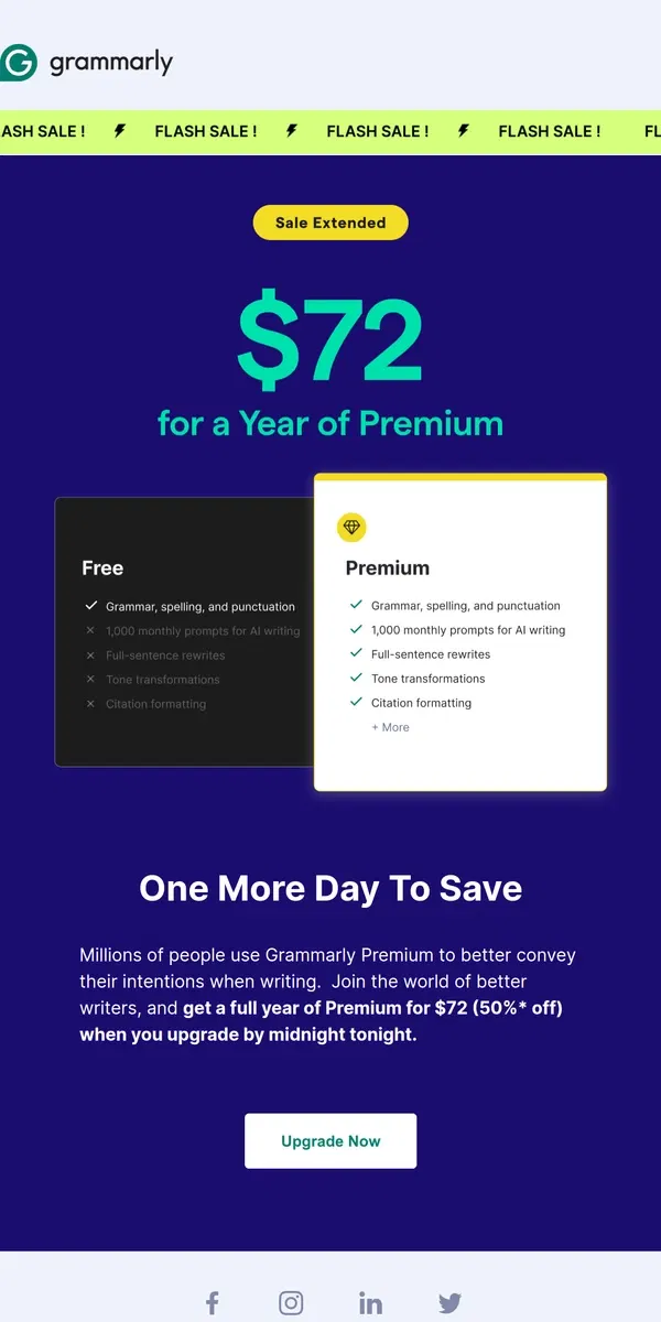 Email from Grammarly. Sale extended: Save 50% on Grammarly Premium