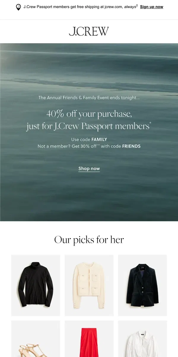 Email from J.Crew. Ends tonight: 40% off your purchase with J.Crew Passport