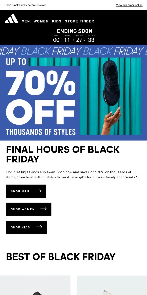 Email from Adidas. 🚨 FINAL HOURS! Up to 70% Off Black Friday 🚨