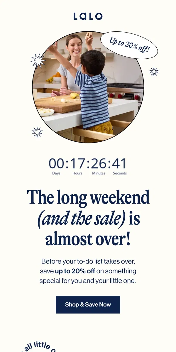 Email from Lalo. Oh no—up to 20% off ends tonight!