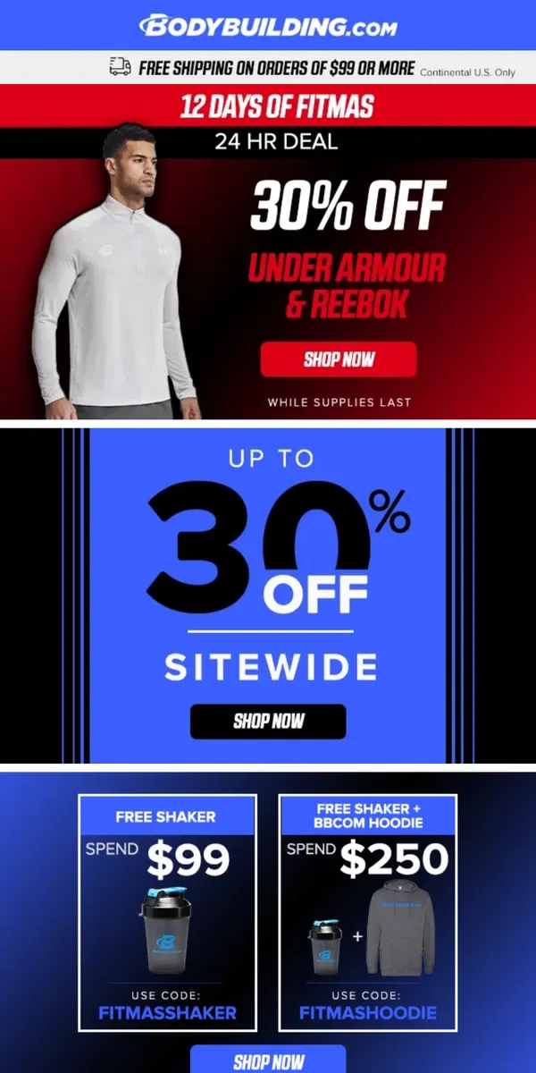 Email from Bodybuilding.com. 💪 PROTEIN Deals + TODAY ONLY: 30% OFF Under Armour & Reebok!