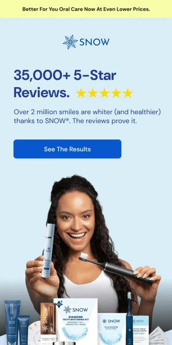 Email from Snow Teeth Whitening. “1 week. What a difference!” ★★★★★