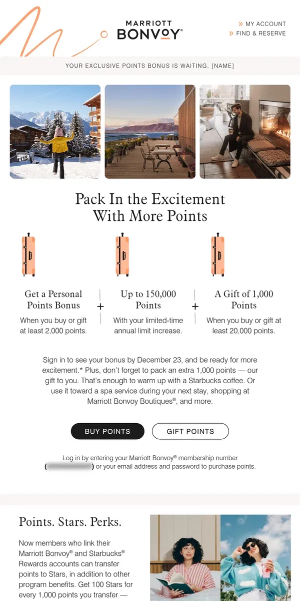 Email from Marriott Bonvoy. Pack In More: Your Points Bonus Is Here, [Name]