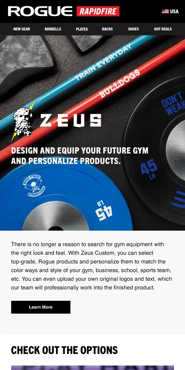 Email from Rogue Fitness. Zeus - Design and Equip Your Future Gym & Personalize Products