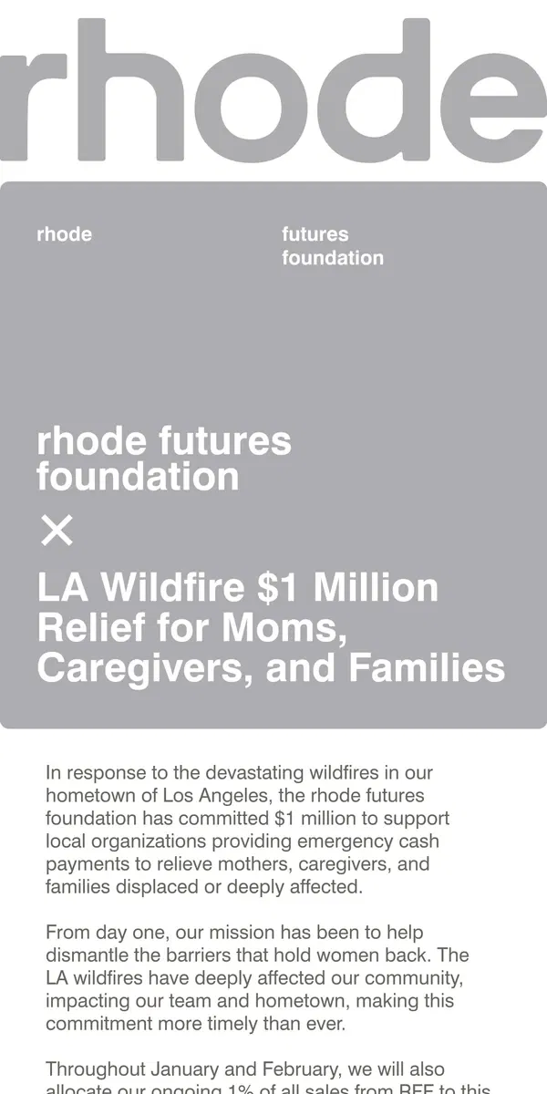 Email from rhode skin. rhode futures foundation x LA Wildfire $1 Million Relief