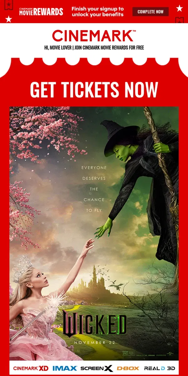 Email from Cinemark. Experience WICKED 11/22 🧹