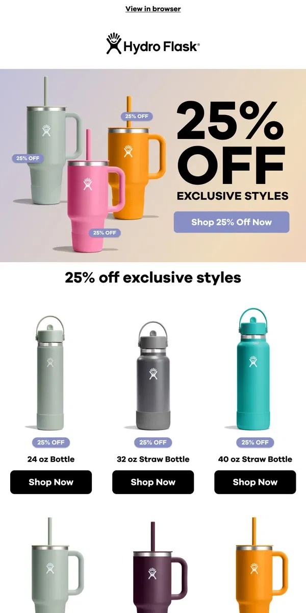 Email from Hydro Flask. 25% off online exclusive combinations