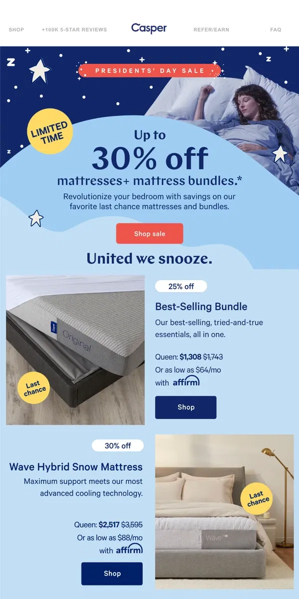 Email from Casper. Up to 30% off mattresses and more. 🫡