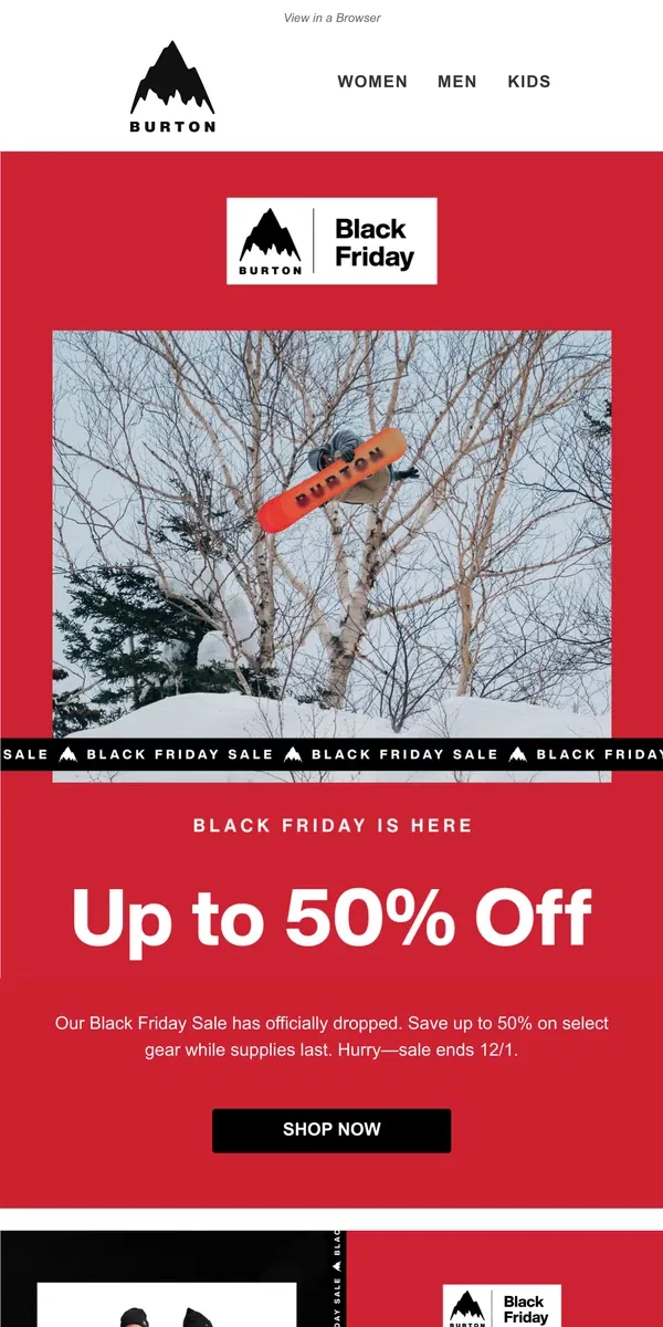 Email from Burton. Black Friday Starts Now