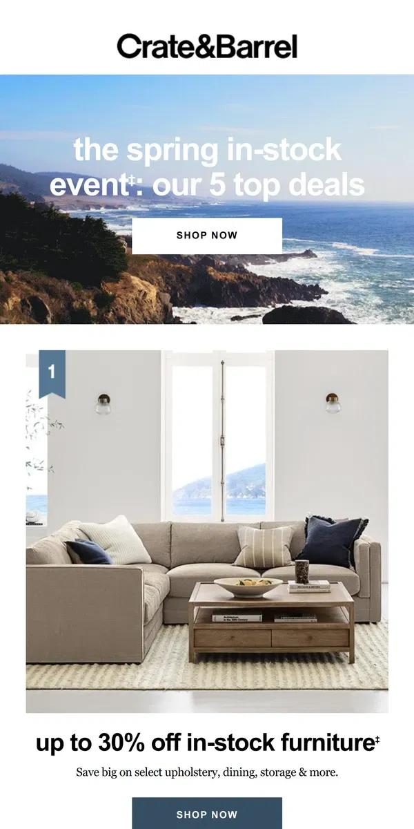 Email from Crate & Barrel. STARTS TODAY! 5 top deals for your spring refresh