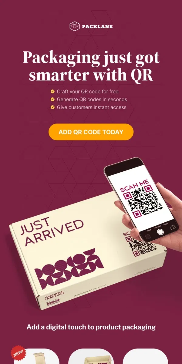 Email from Packlane. QR code generator: The perfect companion for your packaging!