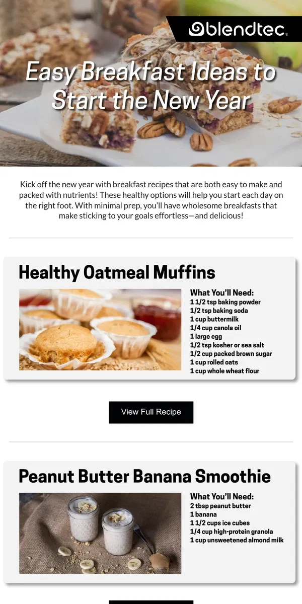 Email from Blendtec. Start the New Year with these Easy Breakfast Recipes