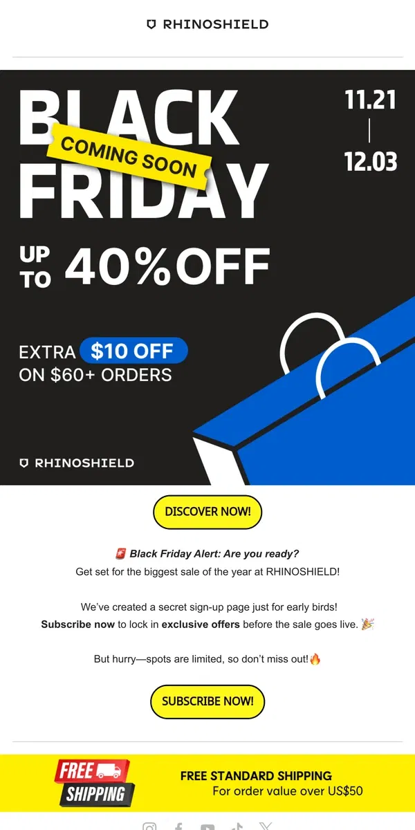 Email from RHINOSHIELD. 🚨 Black Friday Sale Alert: Unlock exclusive deals now!