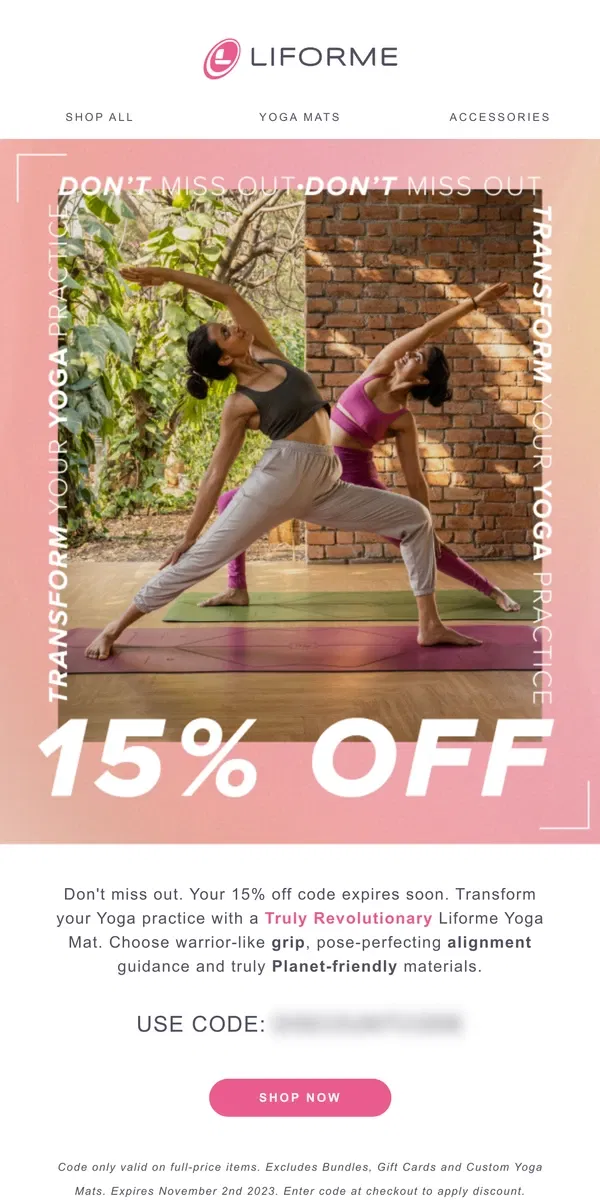 Email from Liforme. Your 15% off code expires soon ⏳