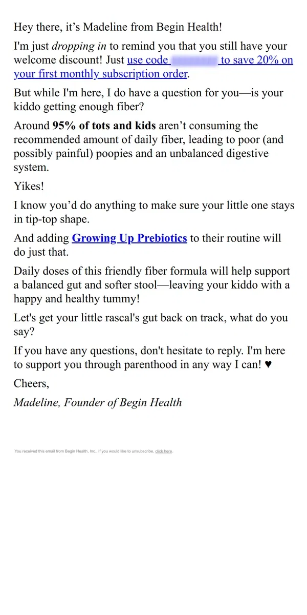 Email from Begin Health. Is your kiddo getting enough of this?