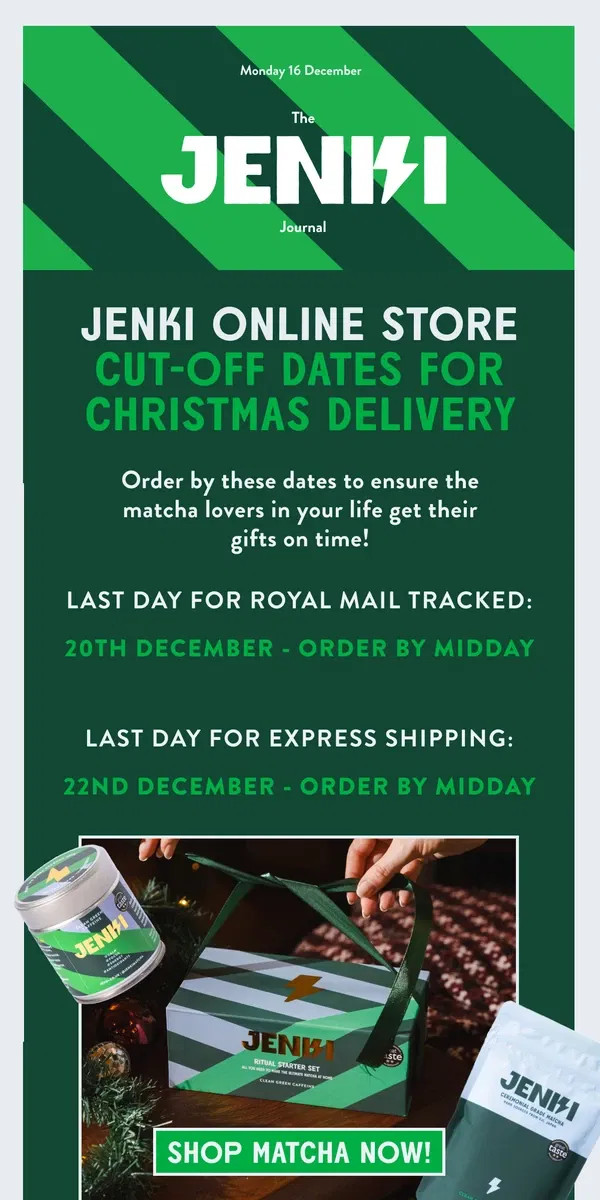 Email from JENKI. Last Dates to get your JENKI Christmas Gifts on Time! ⏰ 🎄