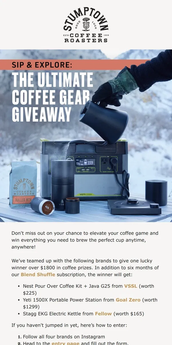 Email from Stumptown Coffee Roasters. Sip + Explore Giveaway Reminder