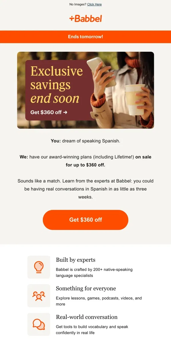 Email from Babbel. $360 off a Lifetime subscription ends soon.