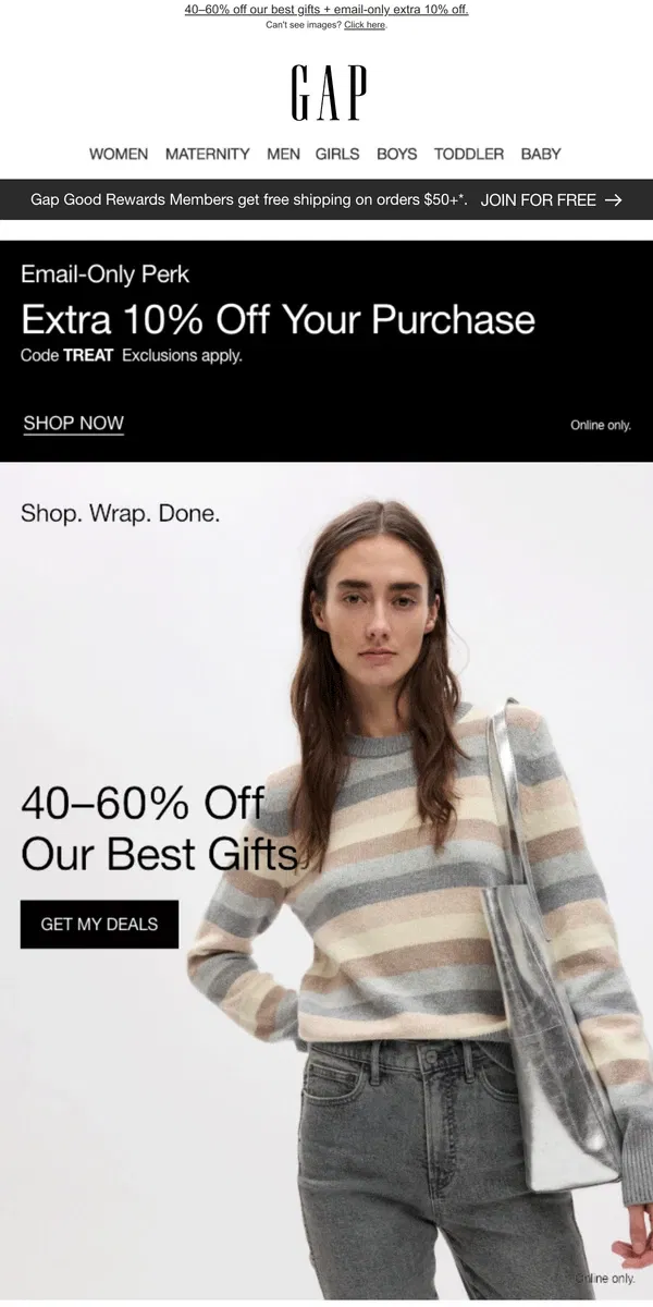 Email from GAP. You've hit it big with 40–60% off holiday faves + *EXTRA* 10%