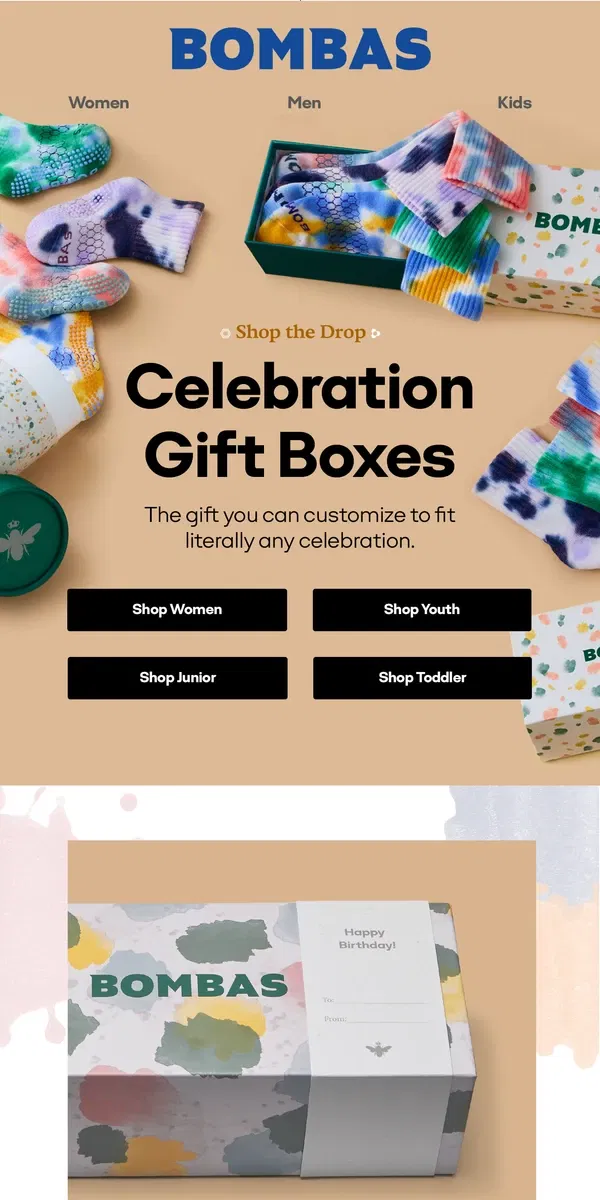 Email from Bombas. New Celebration Gift Boxes ☮️