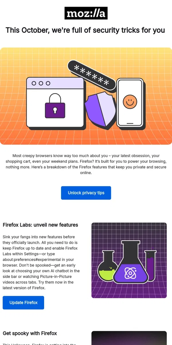 Email from Mozilla. Spooky-good privacy tricks for you! 🔒🦊