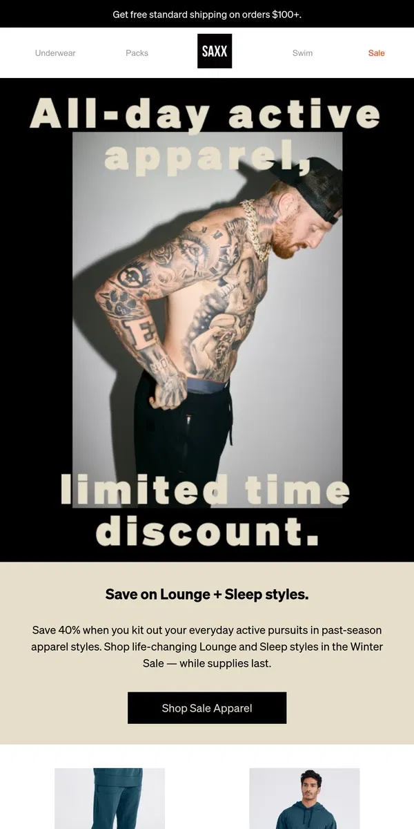 Email from SAXX Underwear. Now 40% off past-season active apparel