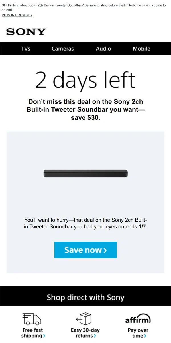 Email from Sony. Savings End Soon | Get What You Wanted for $30 Off