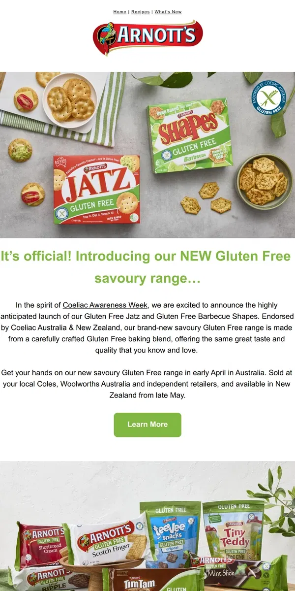 Email from Arnott's. Coming Soon: New Gluten Free Arnott's Products 💚