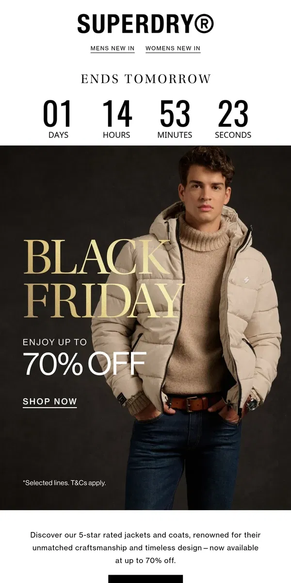 Email from Superdry. Ends tomorrow: Black Friday Up to 70% Off Jackets