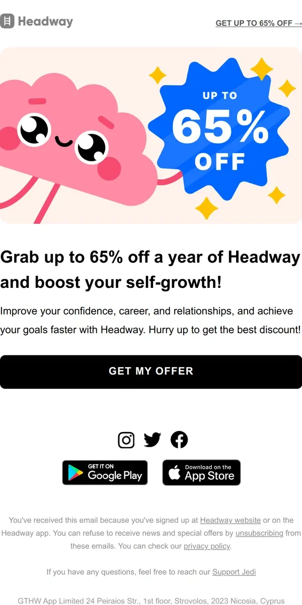 Email from Headway. ⚡ Deal of the day! Get up to 65% off a year of learning and reach your goals!