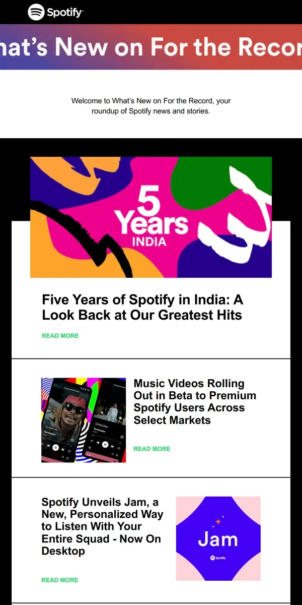 Email from Spotify. Celebrate Five Years of Spotify in India