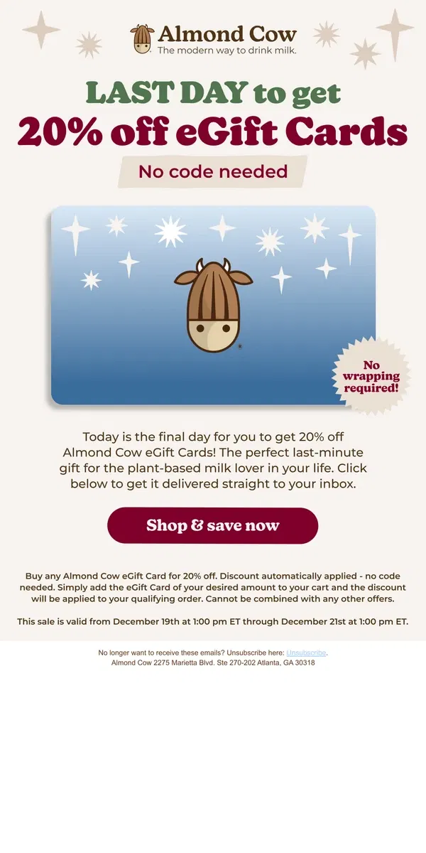 Email from Almond Cow. Gift Card sale 🔚 soon