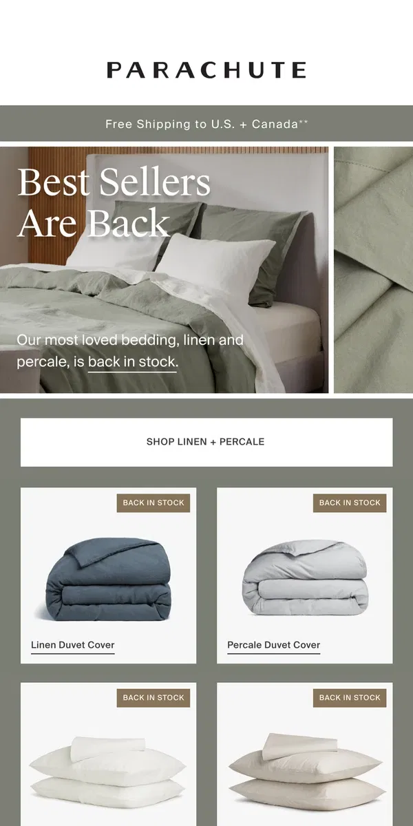 Email from Parachute Home. BACK IN STOCK | Linen + Percale