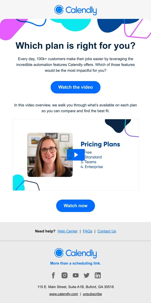 Email from Calendly. Which plan is right for you?
