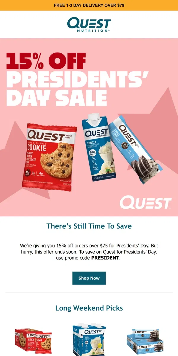 Email from Quest Nutrition. 2 Days Left for 15% off Sitewide