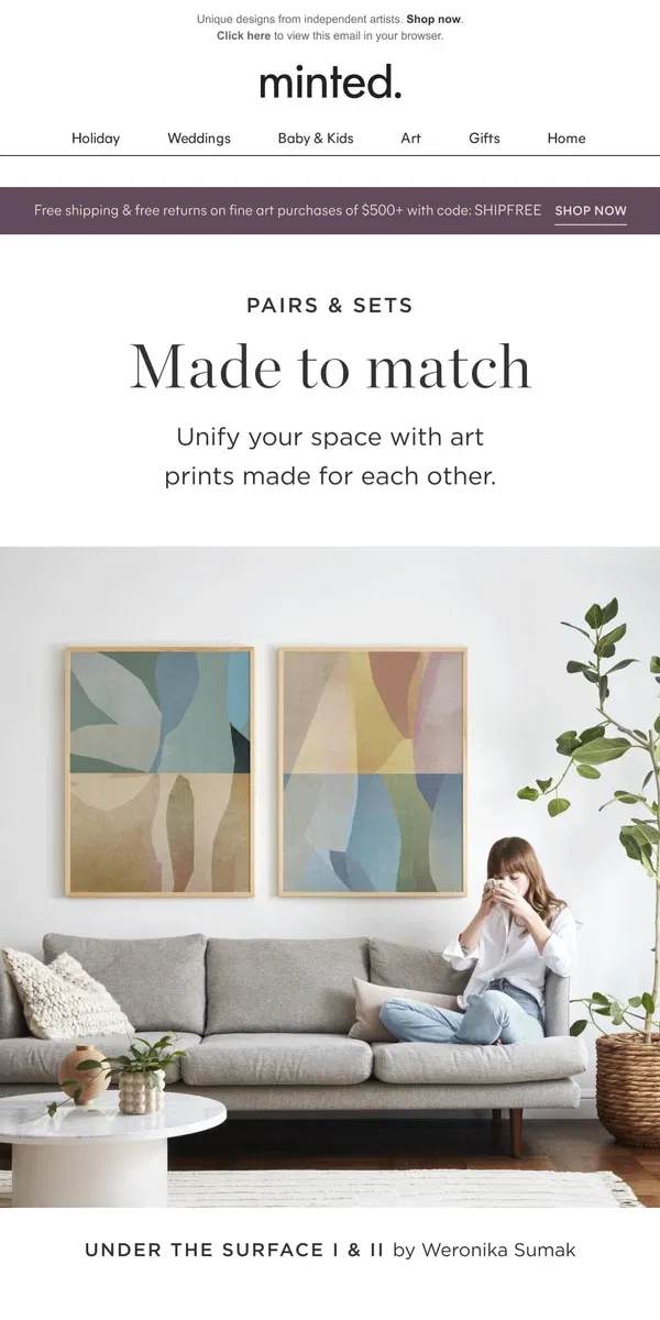 Email from Minted. Art pairs & sets to curate your space