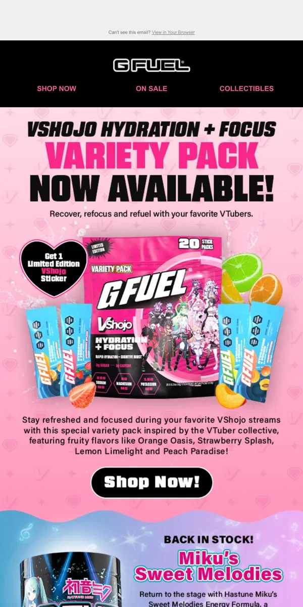 Email from G FUEL. 🎉 Hey Chat, You Up? VShojo Hydration + Focus Launches Today!