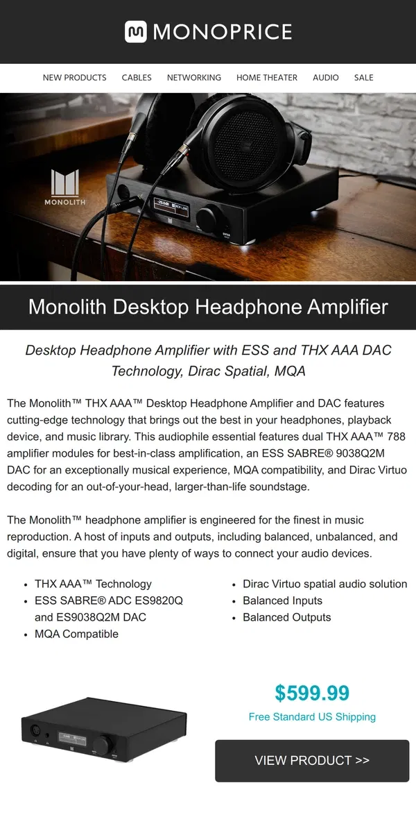 Email from Monoprice. NEW! Monolith™ Balanced Desktop Headphone Amplifier 🎧🔊