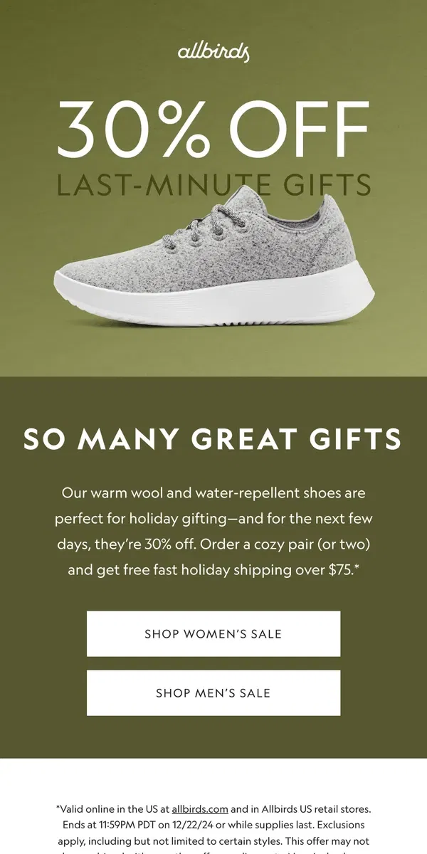 Email from Allbirds. Give The Best Gifts (For 30% Off!) ❄️ 