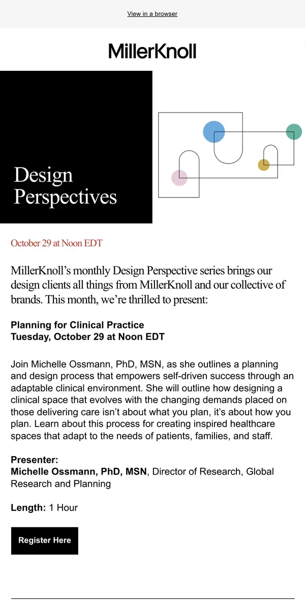 Email from Herman Miller. Join Us on October 29 for MillerKnoll’s Design Perspectives Series