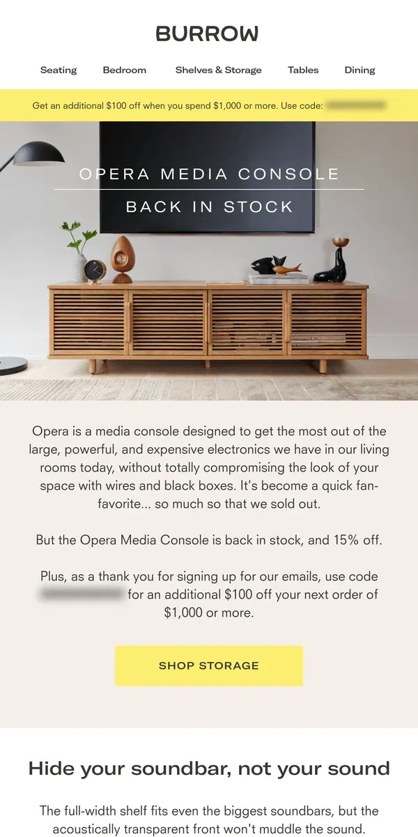 Email from Burrow. Our bestselling media console is back in stock